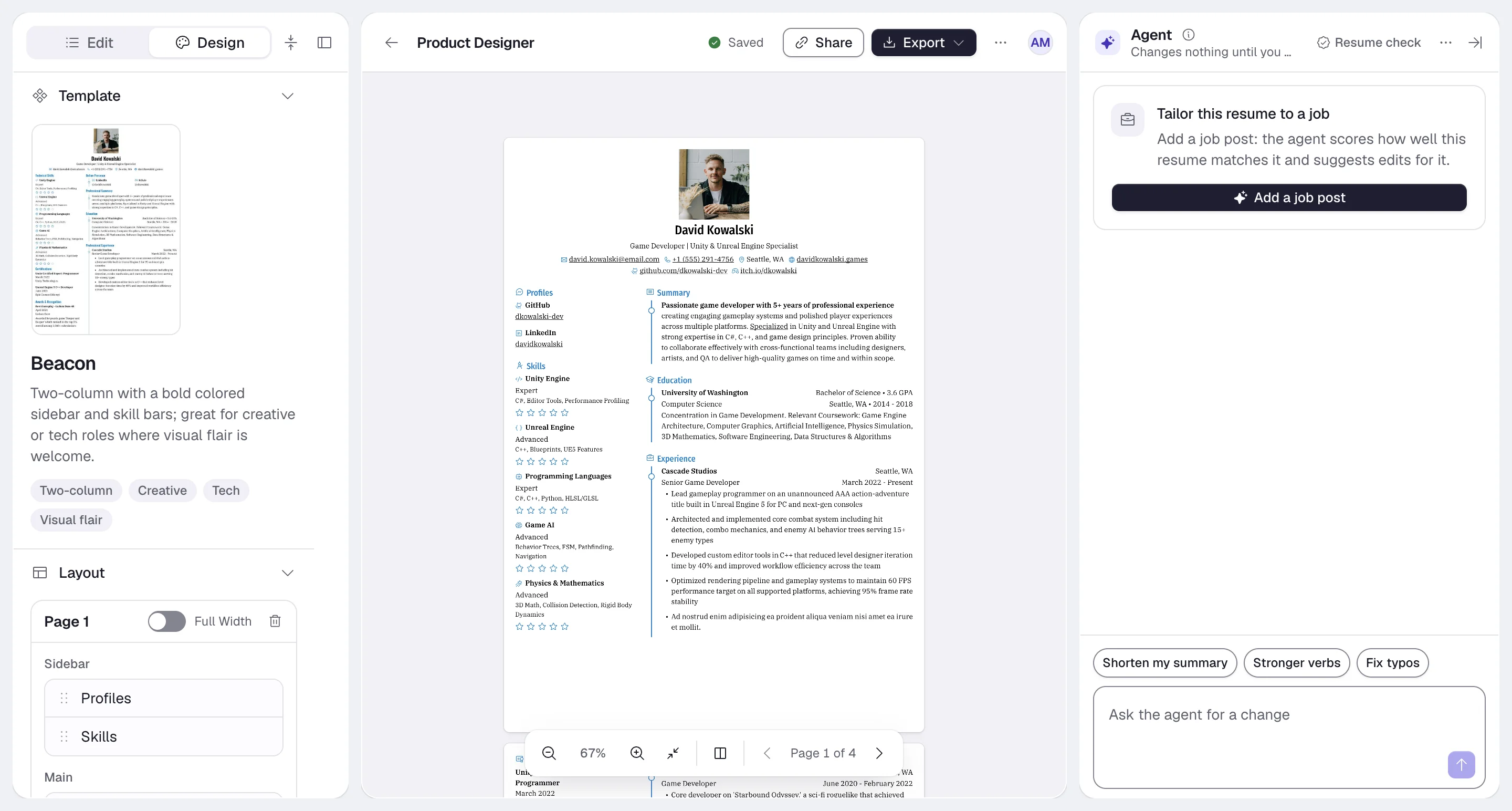 The builder with the Design tab open in the Edit panel, showing the Template group at the top