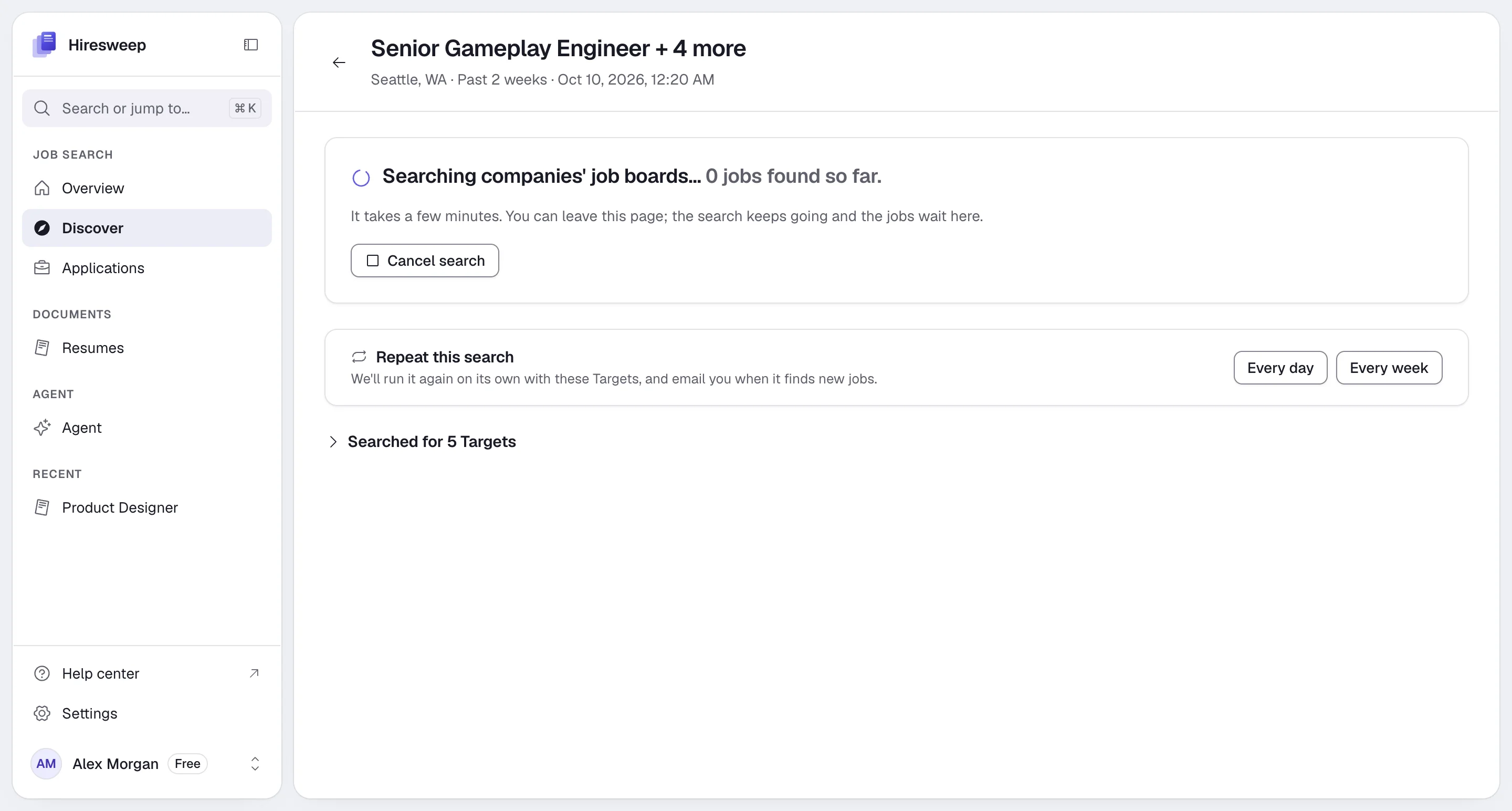 A search in progress, showing Searching companies' job boards and the Repeat this search card