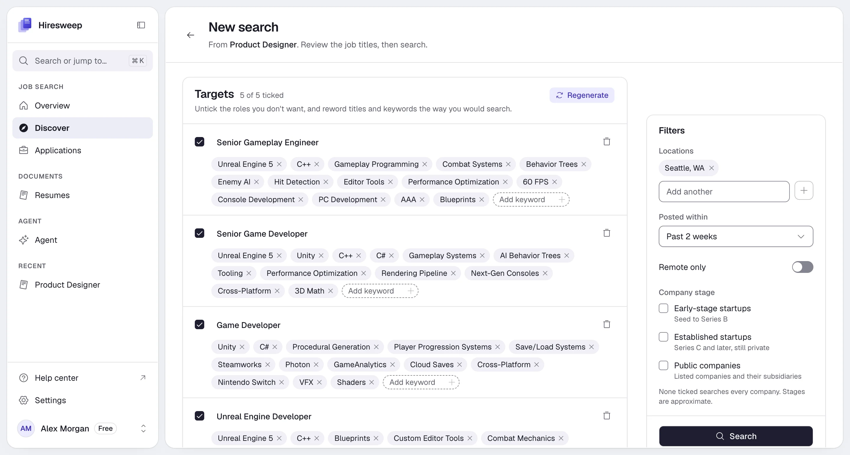 The New search page with five suggested Targets, each with its ATS keywords, and the Filters panel on the right