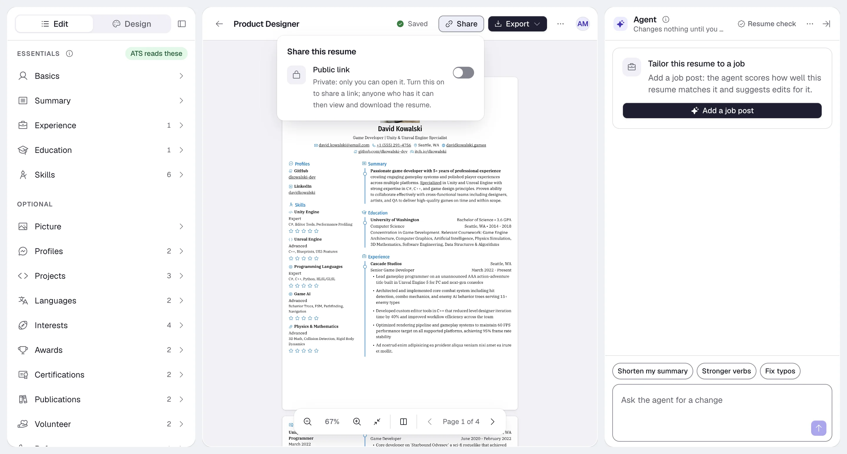 The Share this resume popover in the builder header with the Public link switch